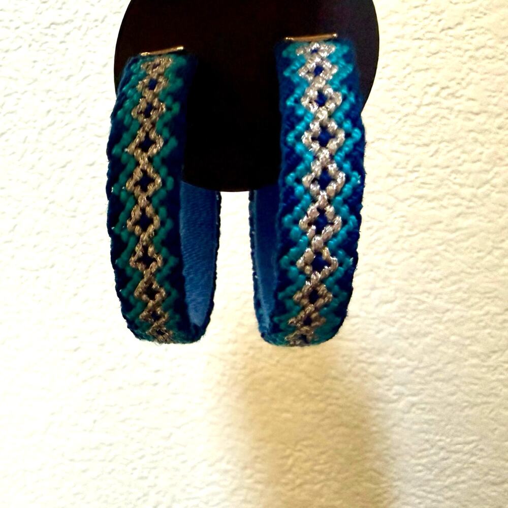 Mercedes Salazar Candongas Tejidas Blue Yarn Woven Hoop Earrings 2.25" - Picture 2 of 8